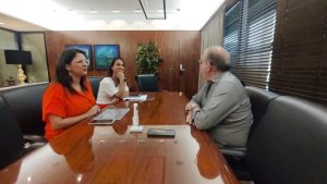 Na foto, a defensora-geral Elizabeth Chagas está apresentando o relatório de resultados da Defensoria ao presidente da Fiec, Ricardo Cavalcante. Ao lado esquerdo de Elizabeth, está a defensora pública titular da assessoria de relações institucionais (Arins), Lia Felismino. Todos os três gestores se encontram sentados e com semblantes concentrados em uma longa mesa de madeira vertical.